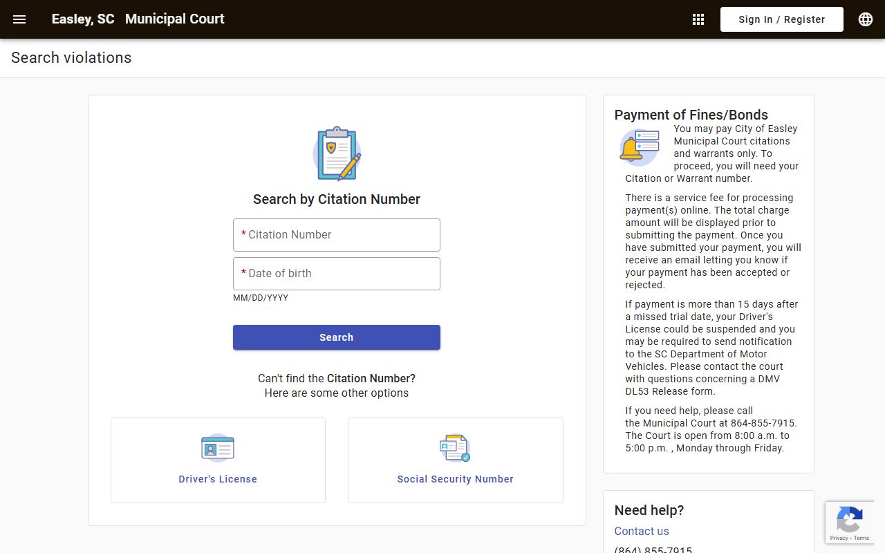 Easley Municipal Court online records search for background check