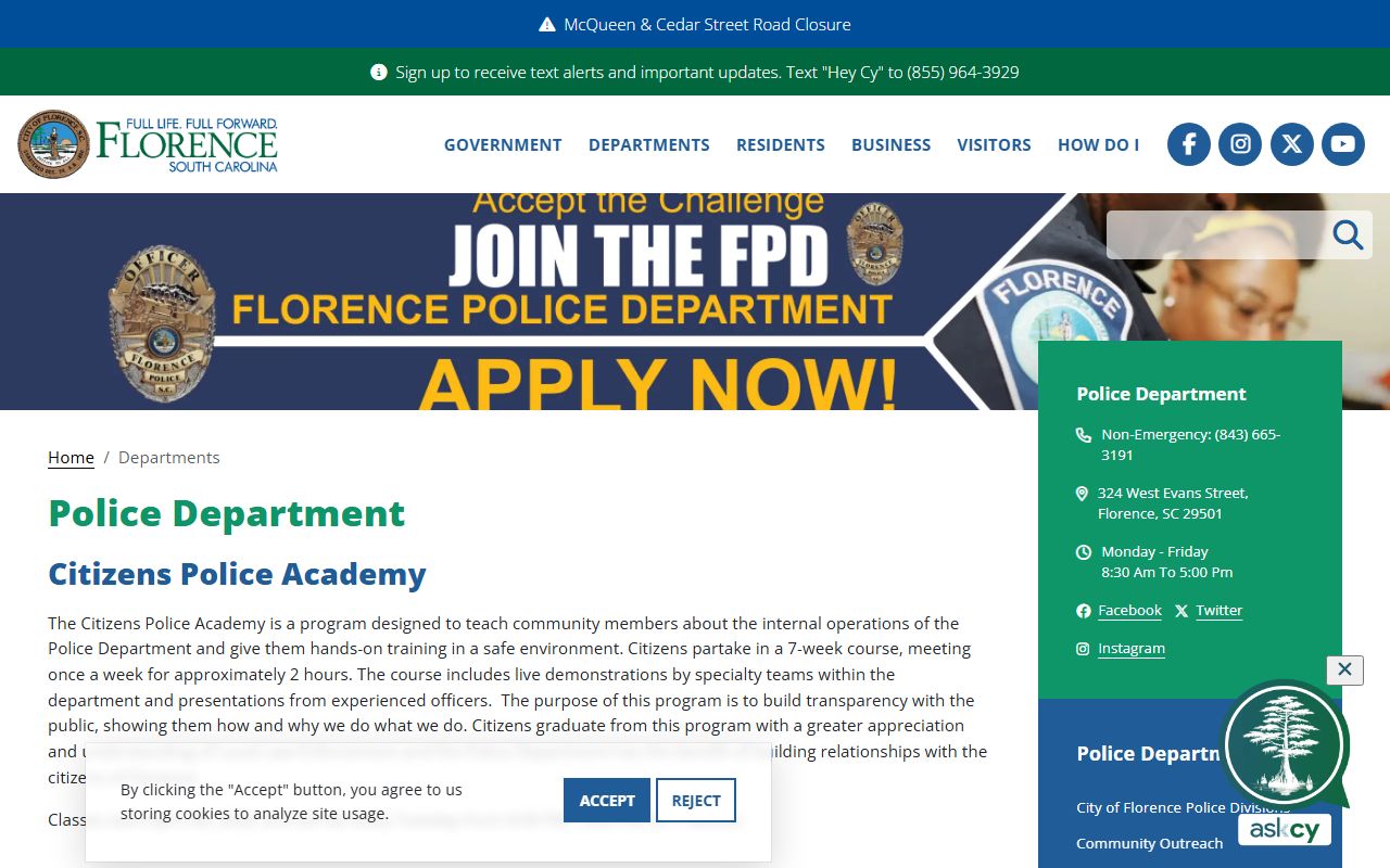 Florence Police Department website for Florence background check