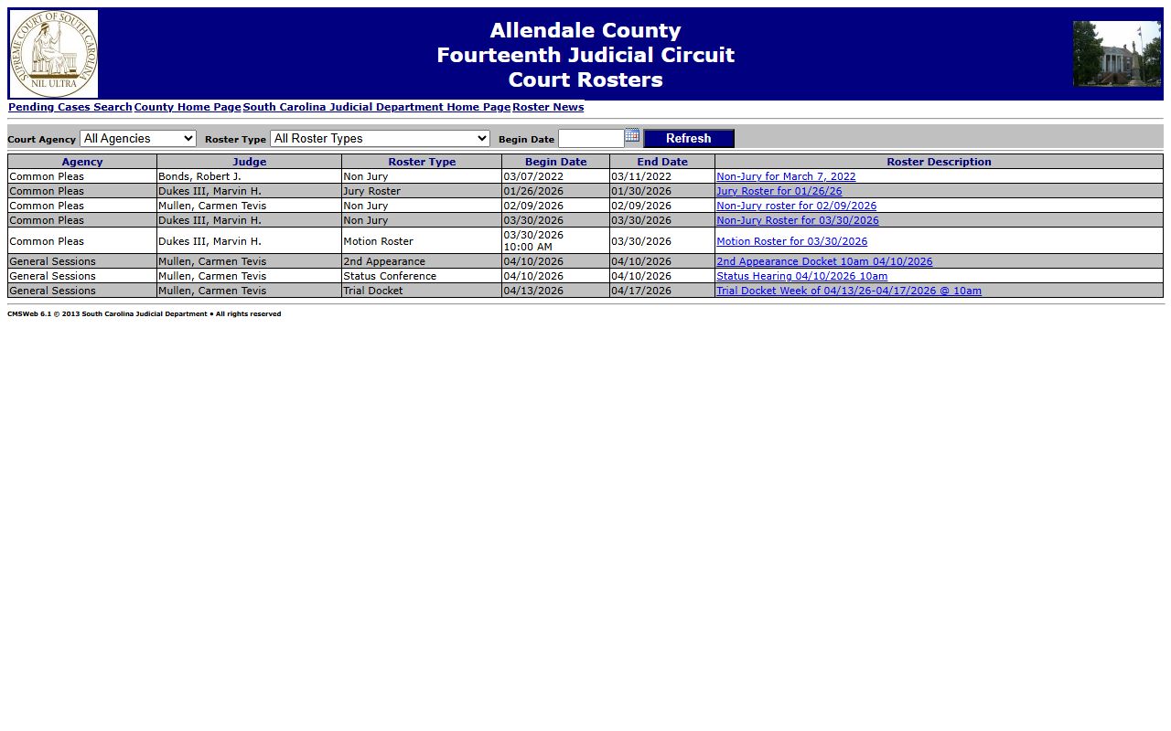 Allendale County court rosters for background check case tracking