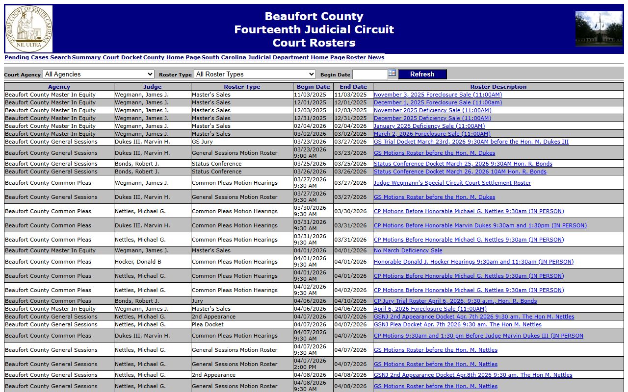 Beaufort County court rosters for background check case information