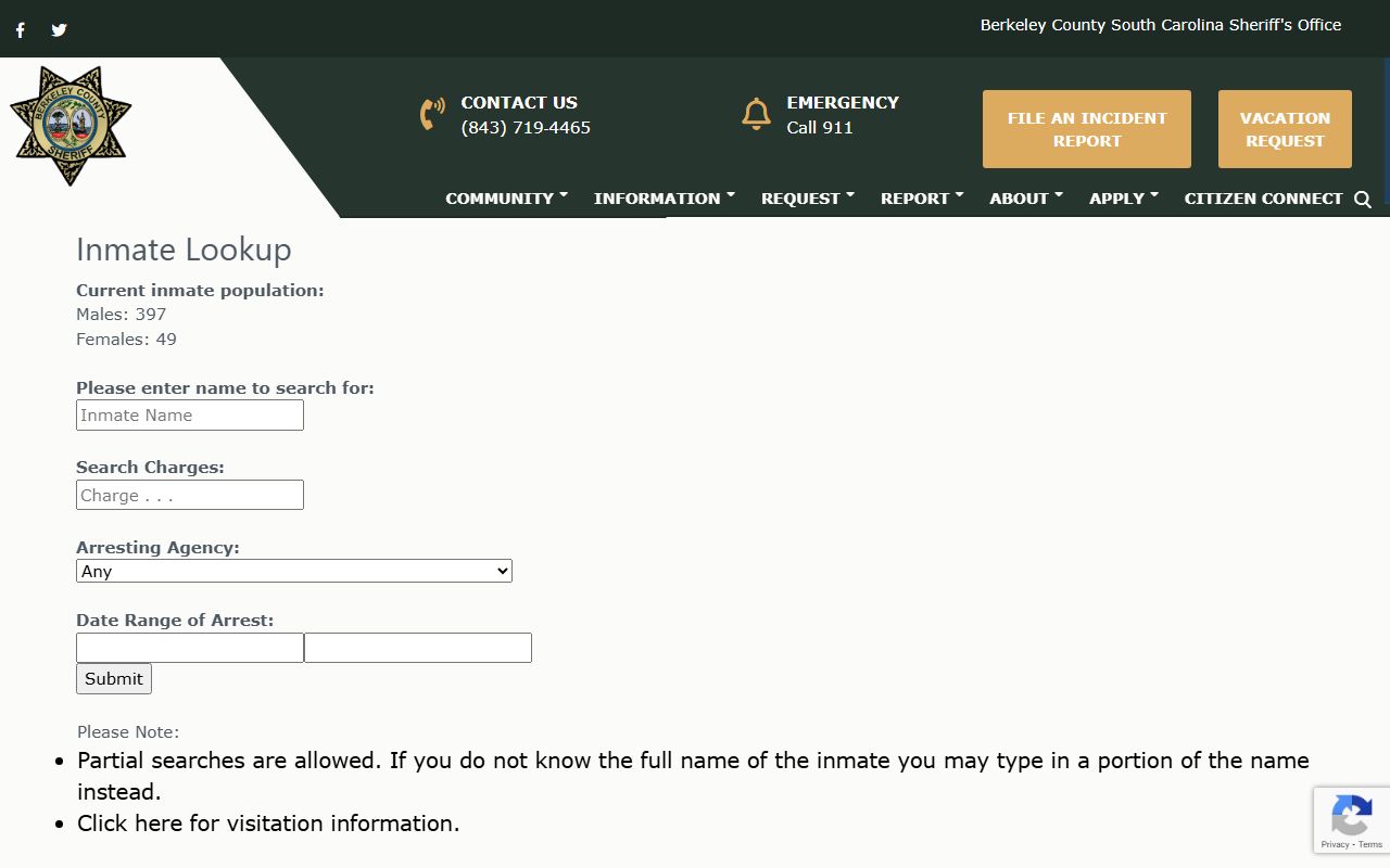 Berkeley County inmate search tool for background check records