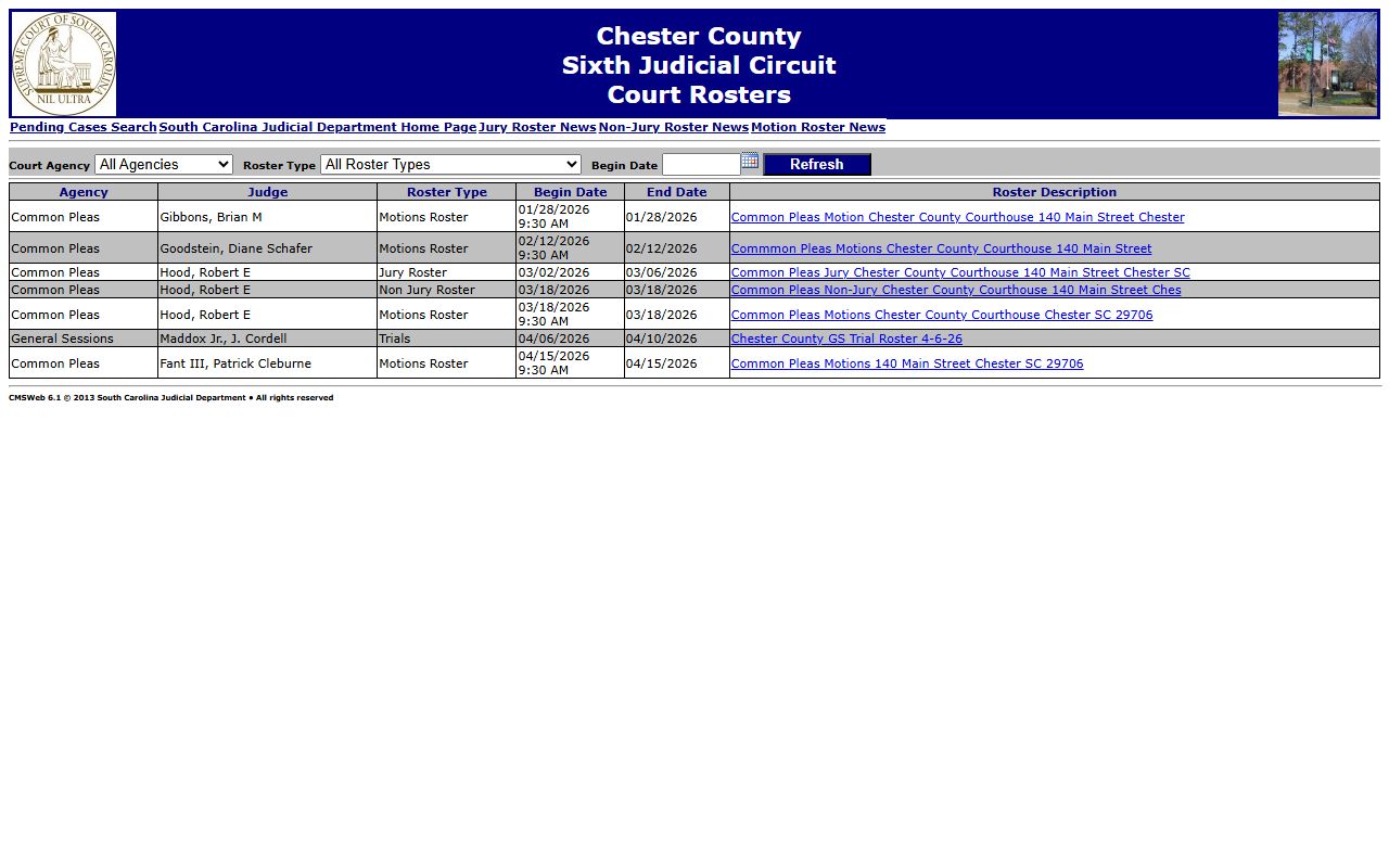 Chester County court rosters for background check research