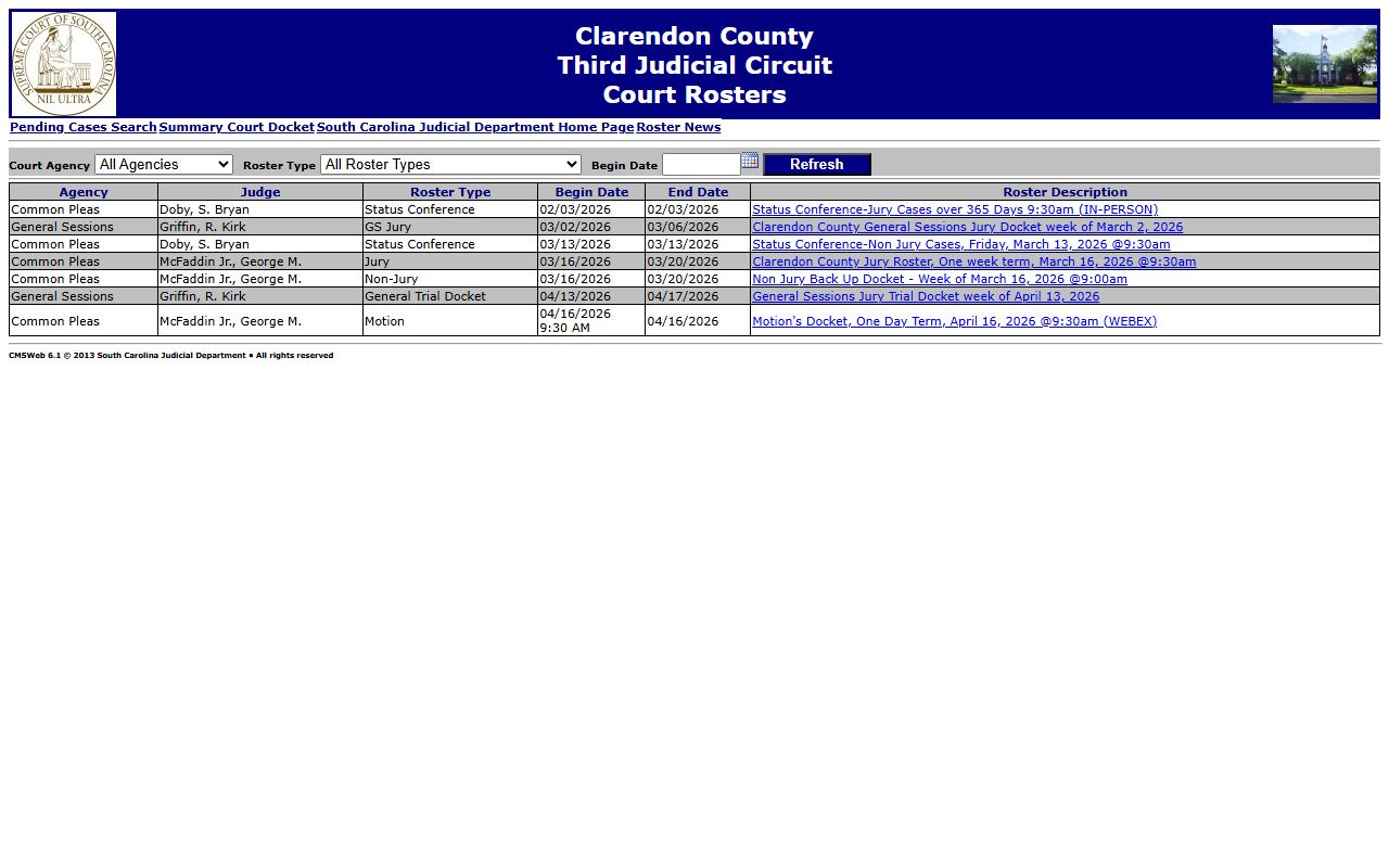 Clarendon County court rosters for background check and case lookup