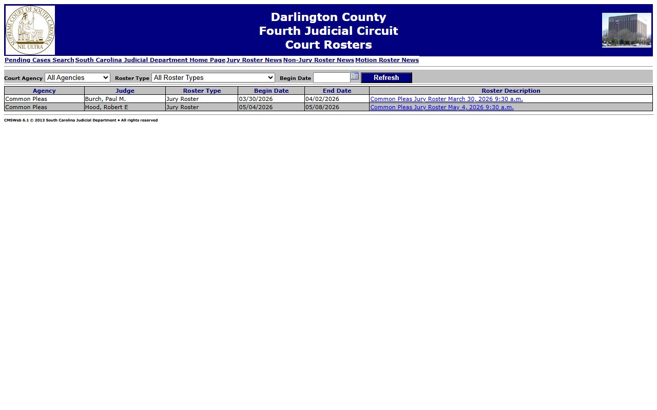 Darlington County court rosters showing scheduled hearings for background check