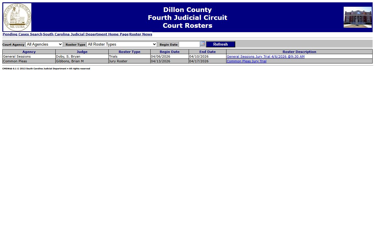 Dillon County court rosters for scheduled hearings and background check research