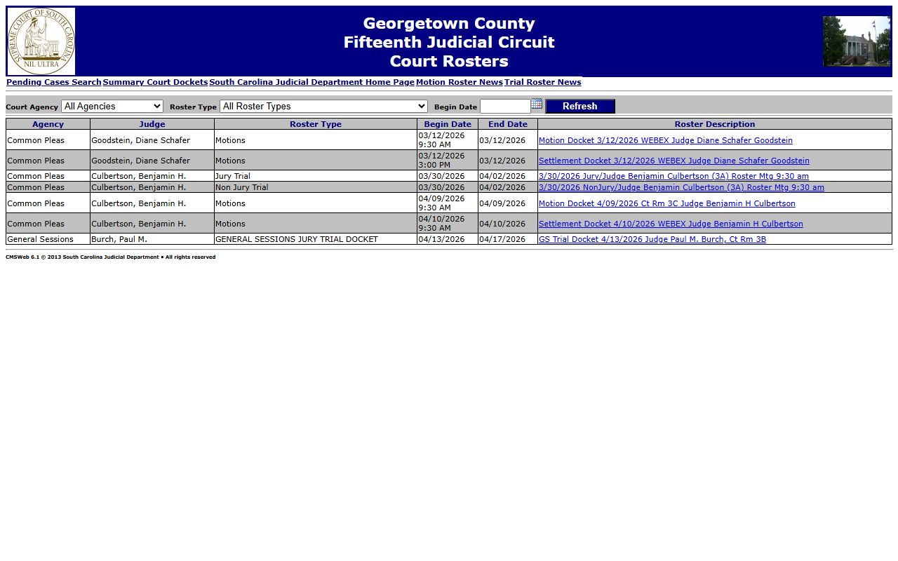 Georgetown County court rosters for background check records