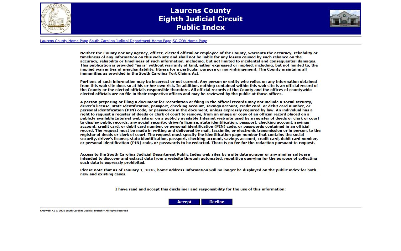 Laurens County public index for background check court records