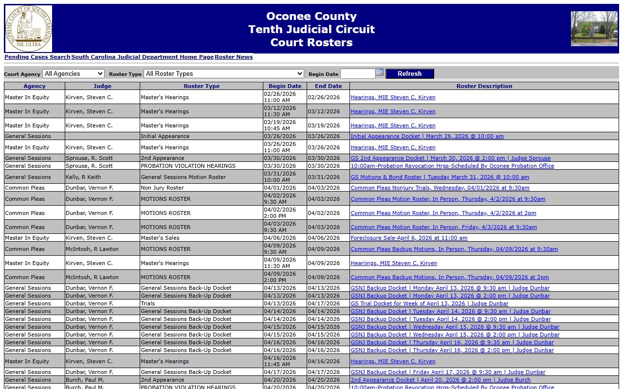 Oconee County Court Rosters for case scheduling and records