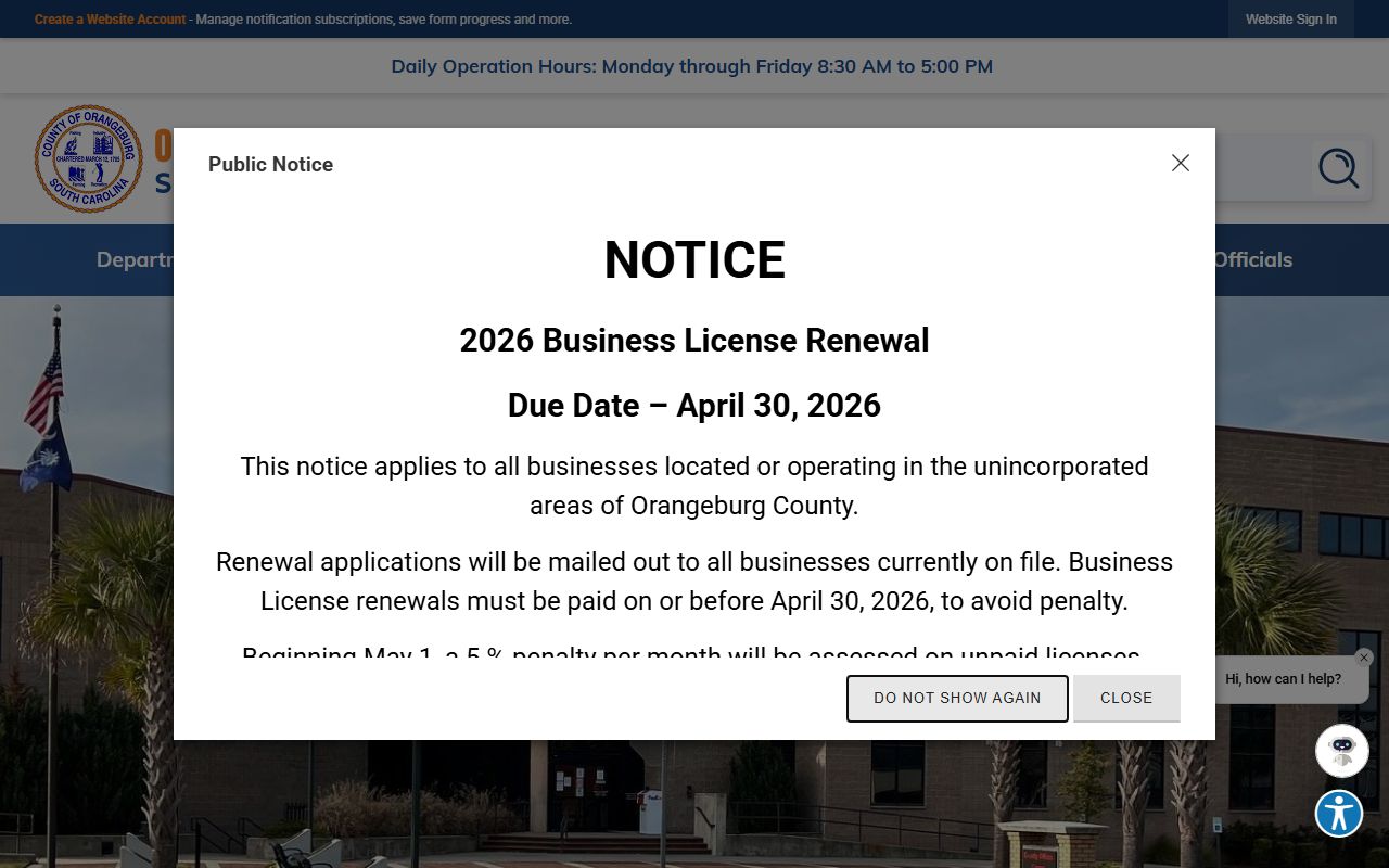 Orangeburg County government website for background check and public records