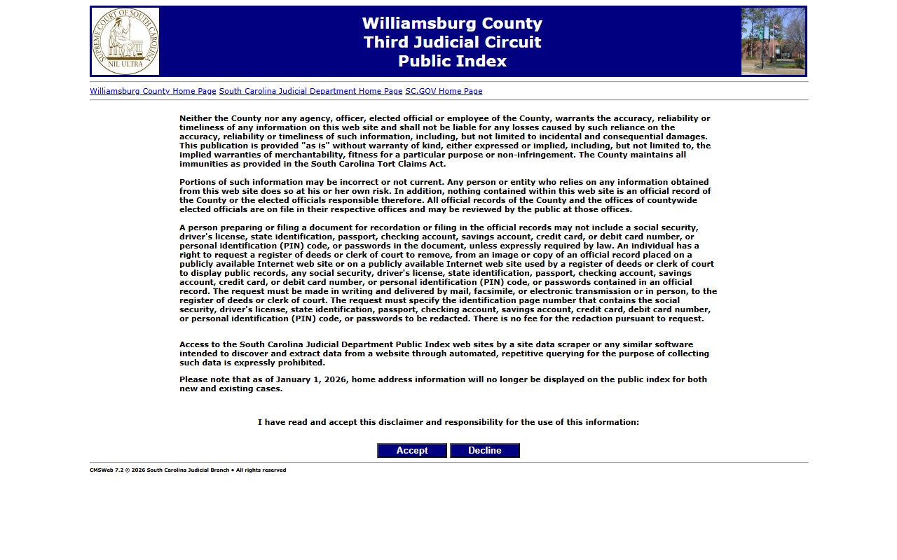Williamsburg County Public Index for background check court records
