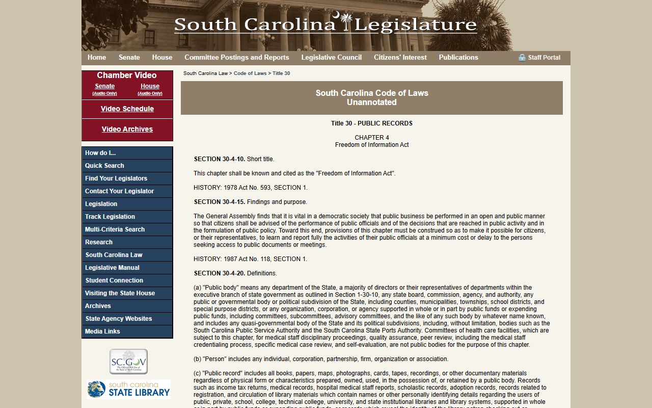 South Carolina FOIA statute for public records access in background checks
