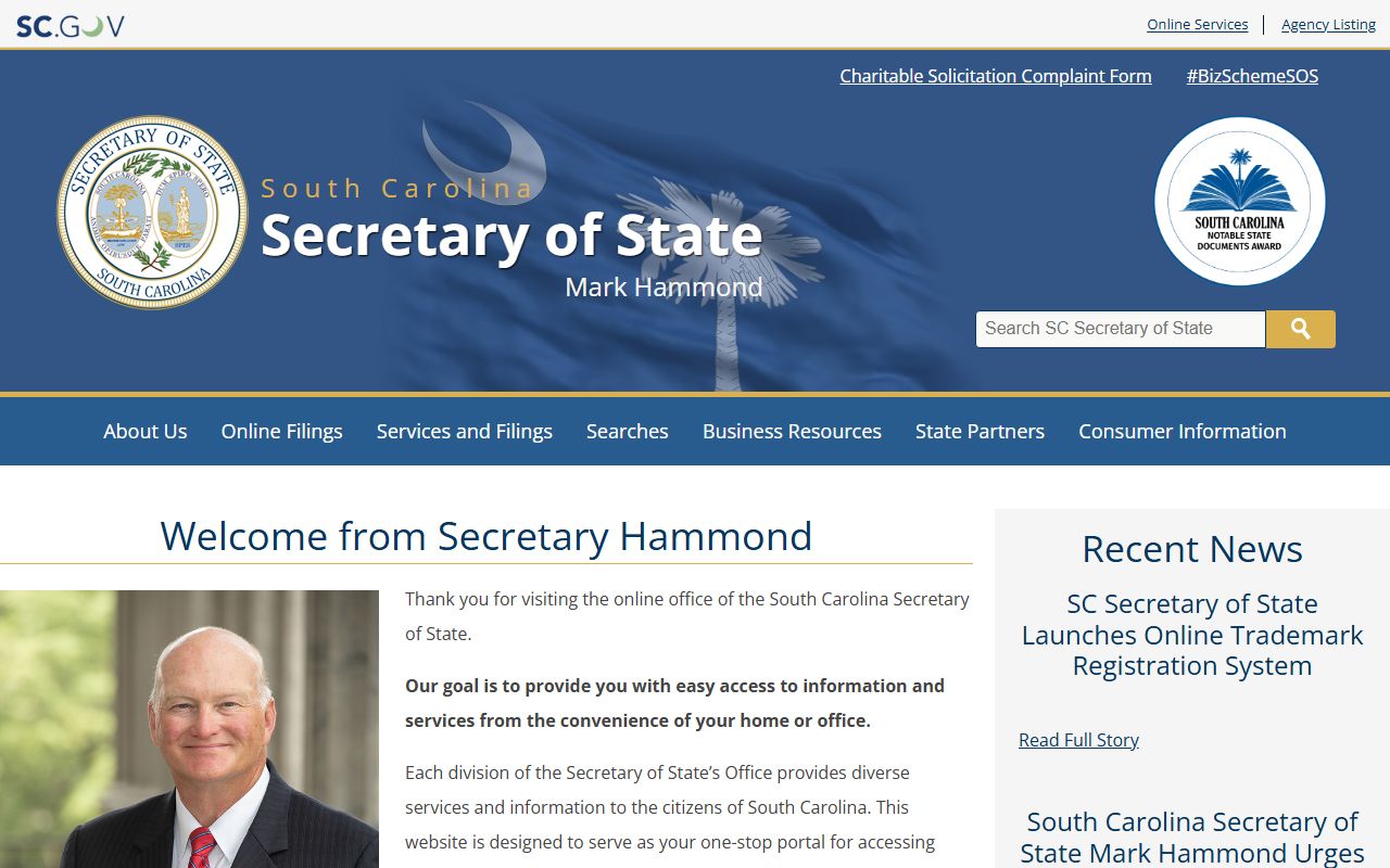 South Carolina Secretary of State website for business records in background checks
