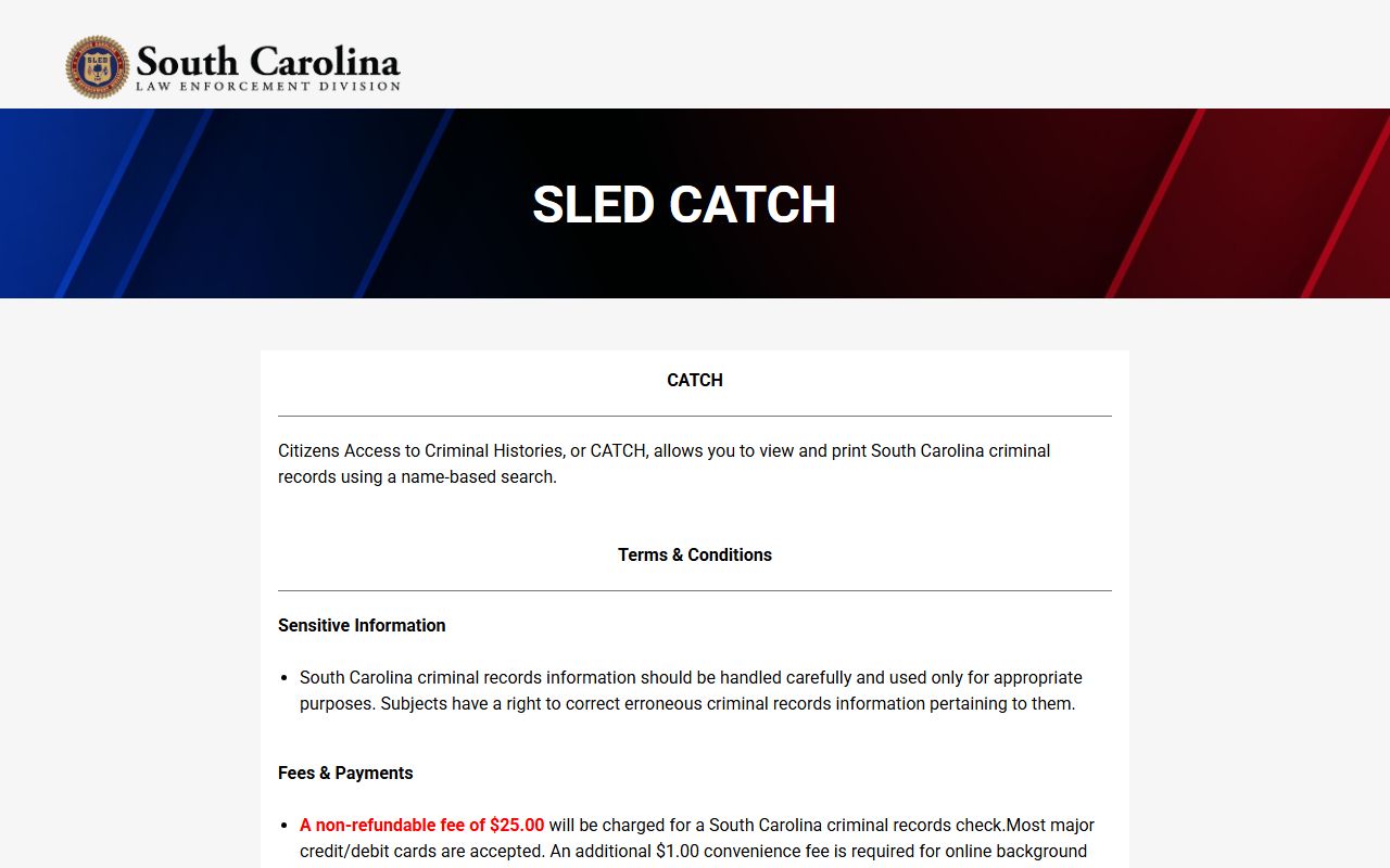 SLED CATCH criminal history background check search portal in South Carolina